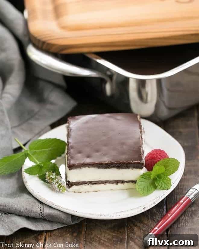 No Bake Chocolate Lasagna slice on a white plate with a mint and a fresh raspberry