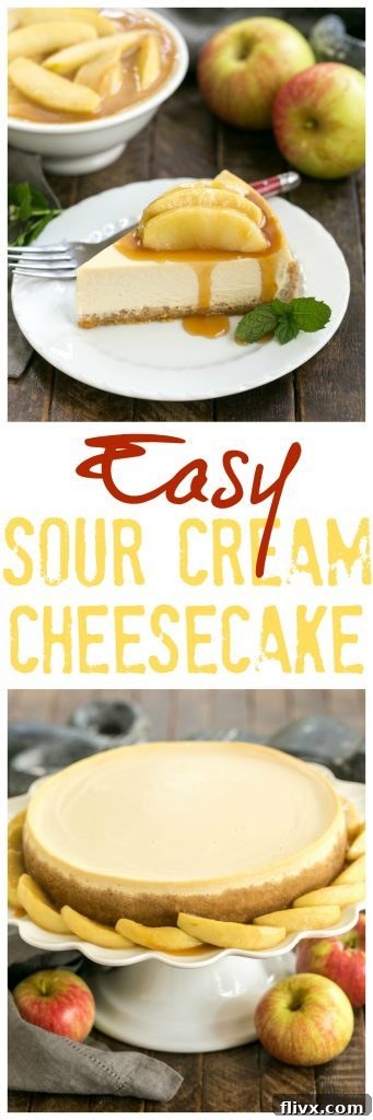 Easy Sour Cream Cheesecake with Caramel Apples | An exquisite twist on a sour cream cheesecake with a bonus topping of caramel laden apples! #cheesecake