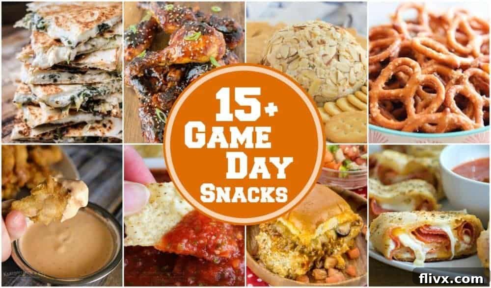 An appetizing collage of various game day snacks, including pepperoni bread, wings, dips, and sliders, perfect for football parties and entertaining guests.