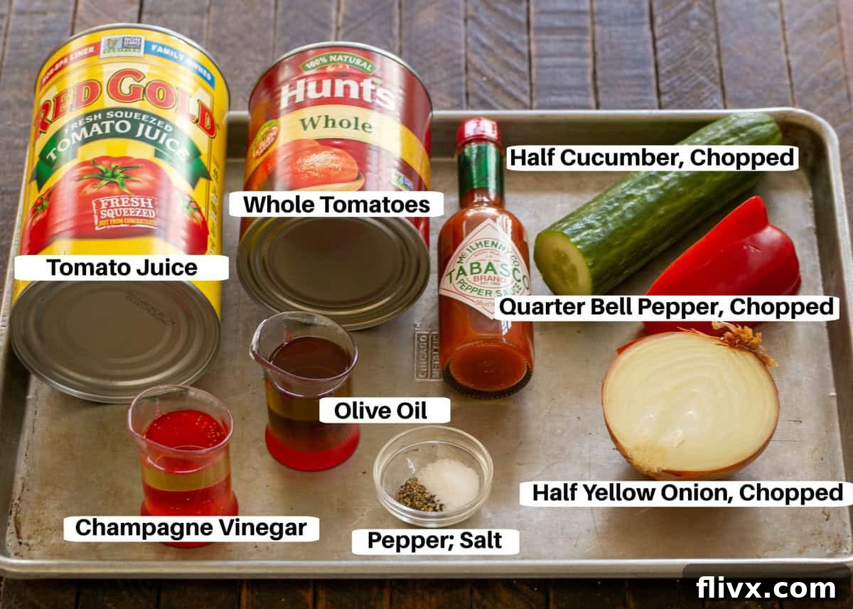 Image of gazpacho ingredients on a sheet pan with labels.