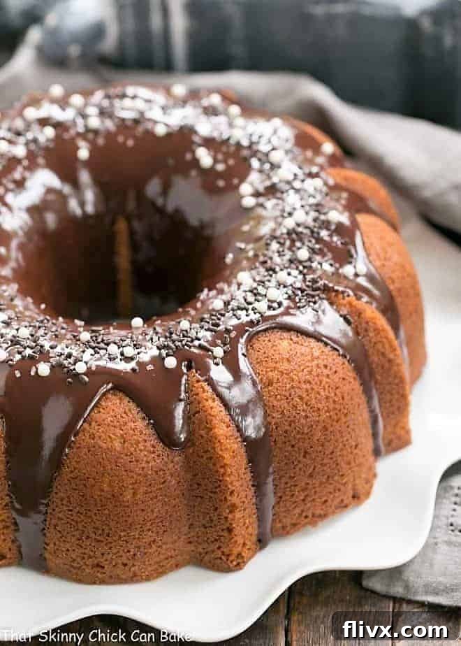 Tunnel of Fudge Cake on a white serving plate, showcasing its elegant form and rich texture.