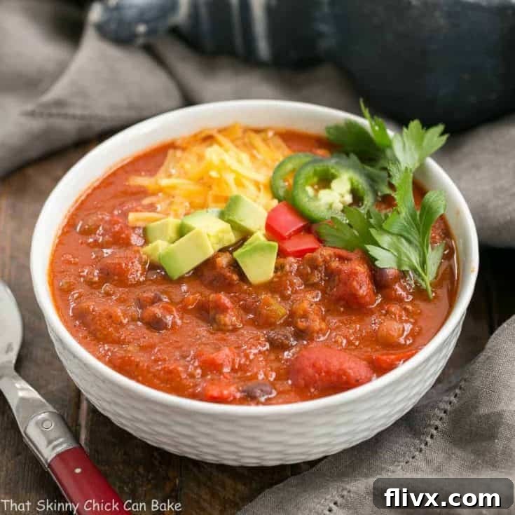 Easy Black Bean Chili in a white bowl, ready to serve.