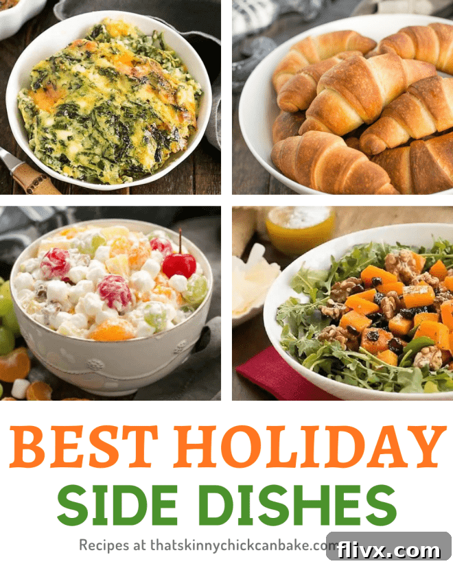 A collage featuring four festive holiday side dishes with an orange and green title text box over them. The dishes include vibrant salads, a rich casserole, and baked goods, illustrating the diverse range of holiday side dish recipes.