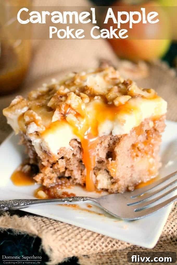 A festive Caramel Apple Poke Cake, easy to make and delicious, topped with whipped cream and caramel drizzle.