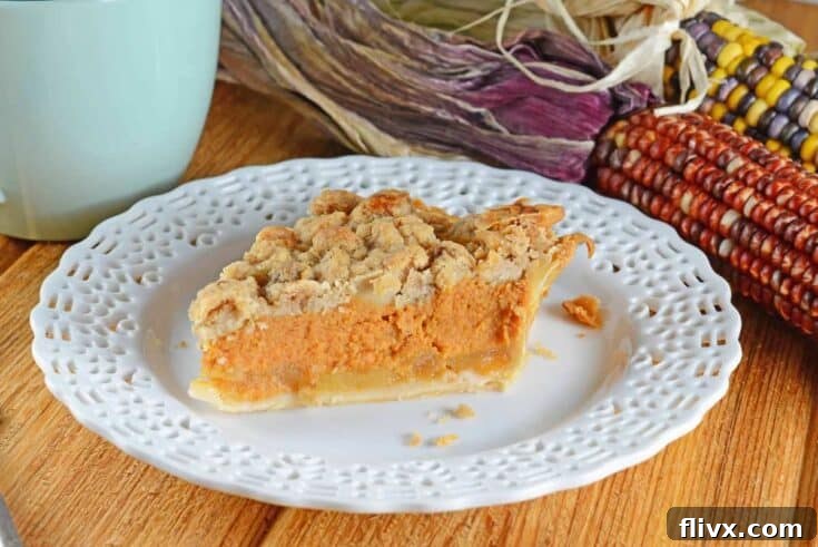 A delicious Pumpkin Apple Pie with a streusel topping, showcasing layers of pumpkin and apple filling.
