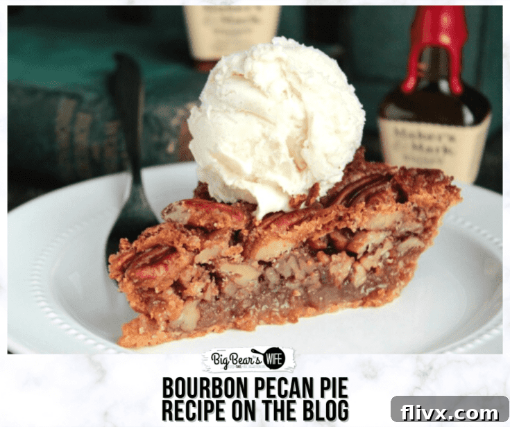 A slice of Bourbon Pecan Pie, featuring a glossy, nutty filling with whole pecans, and a perfectly baked crust.