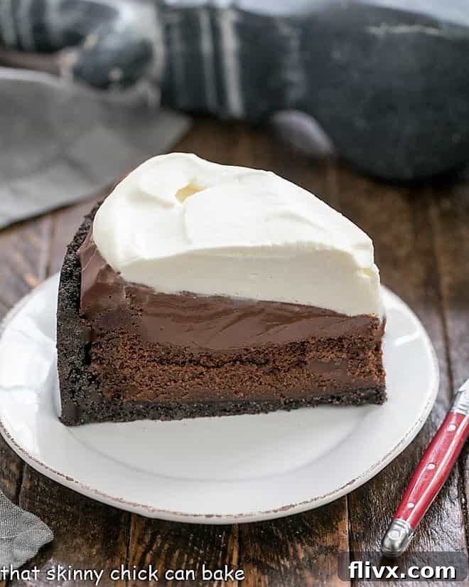 A beautiful slice of Mississippi Mud Pie on a white plate, showcasing all the delicious layers and fluffy whipped cream.