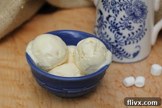 Close view of 3 scoops of marshmallow ice cream in a blue bowl