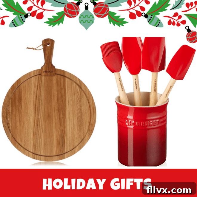 Holiday Gift Guide featuring festive garland and a red text box with gift ideas for food lovers