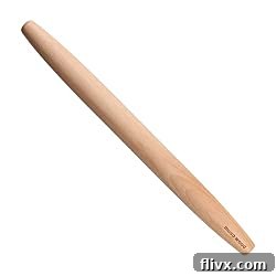 Classic French wooden rolling pin, excellent for delicate doughs like pie crust.