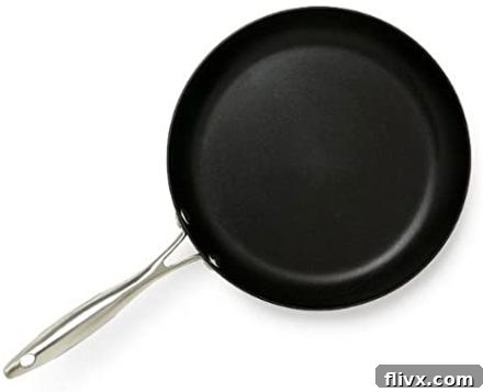 Overhead view of a sleek Scanpan nonstick frying pan, perfect for everyday cooking.