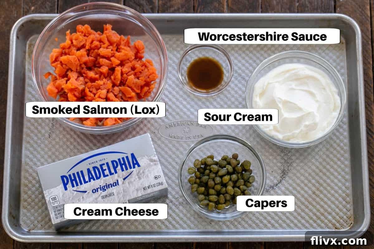 Smoked Salmon Dip Ingredients with labels arranged on a sheetpan, showcasing the minimal components.