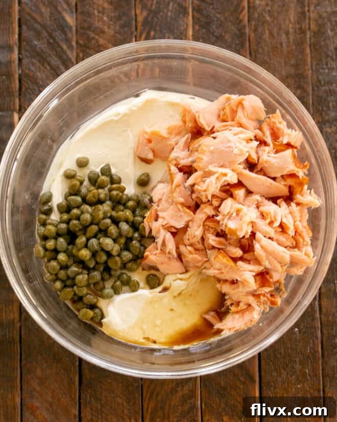 Chopped smoked salmon and drained capers added to the creamy dip base.
