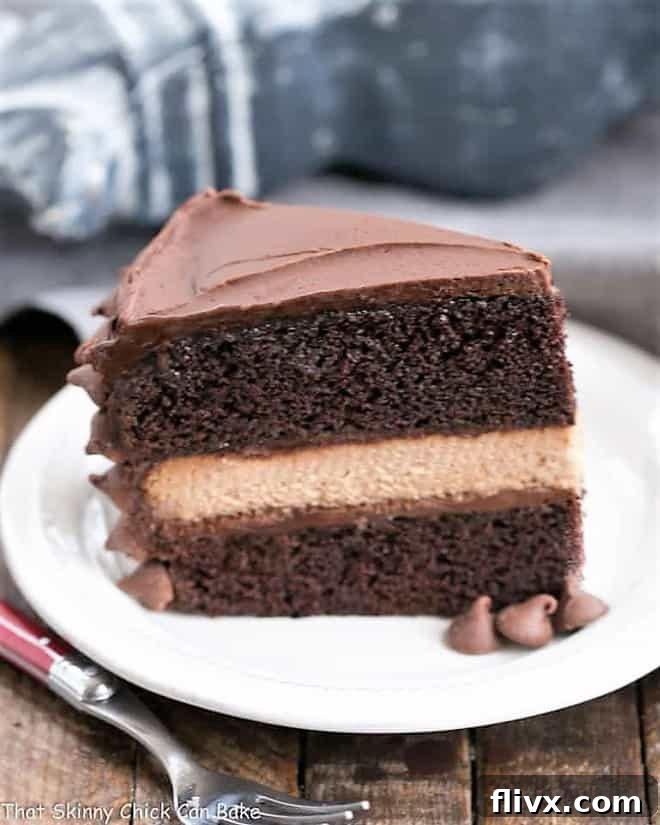 A perfectly sliced portion of rich chocolate layer cake revealing a creamy milk chocolate cheesecake filling.