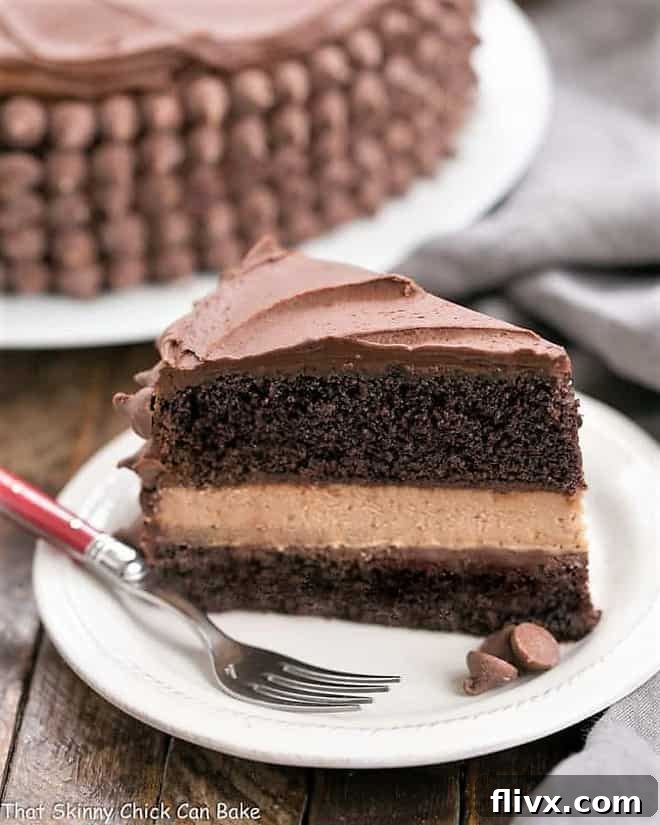 A delectable slice of chocolate layer cake featuring a generous, creamy milk chocolate cheesecake filling in the center.