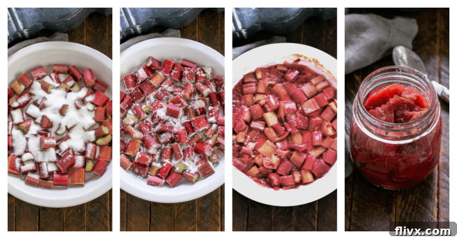 A series of four images showing the process of making roasted rhubarb compote, from fresh rhubarb and sugar to the final cooked sauce.