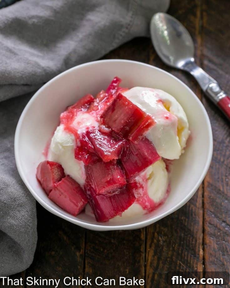 Rhubarb compote on vanilla ice cream in a white bowl, a simple and elegant dessert.