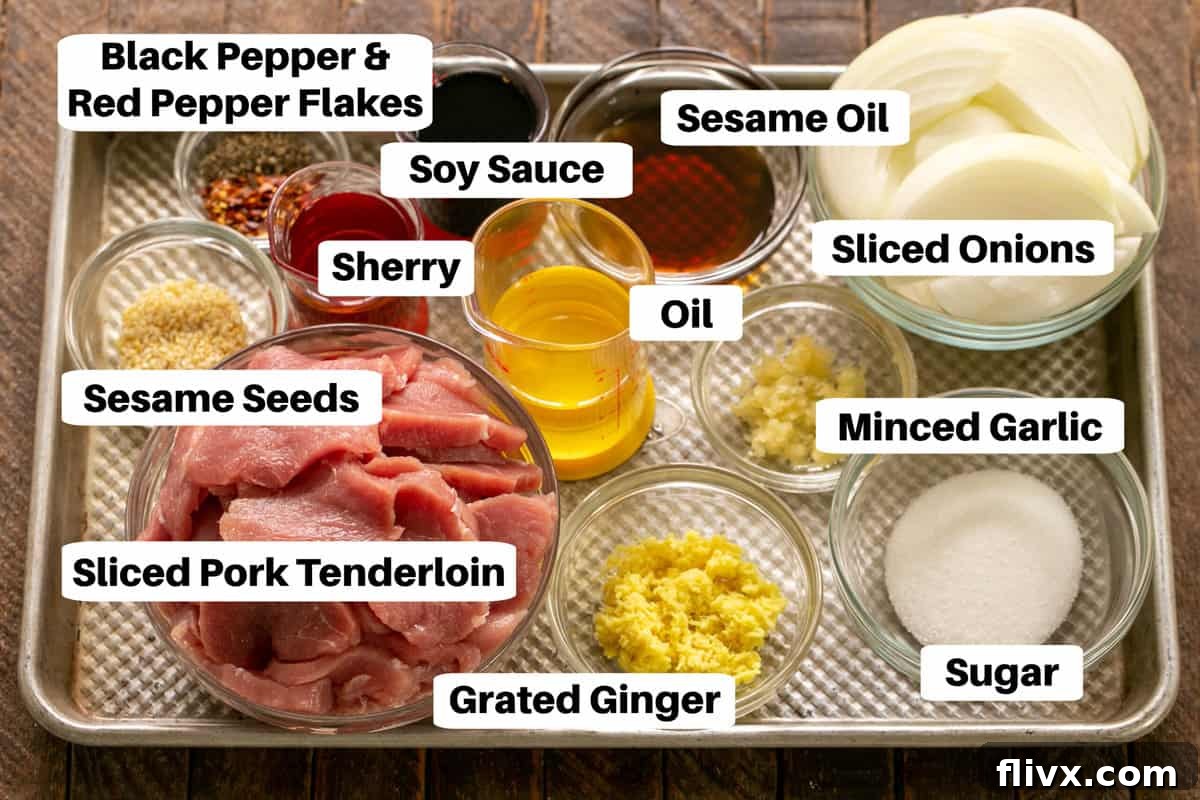 Various Bulgogi ingredients, including sliced pork, soy sauce, garlic, ginger, and sesame oil, laid out on a metal sheet pan with labels.