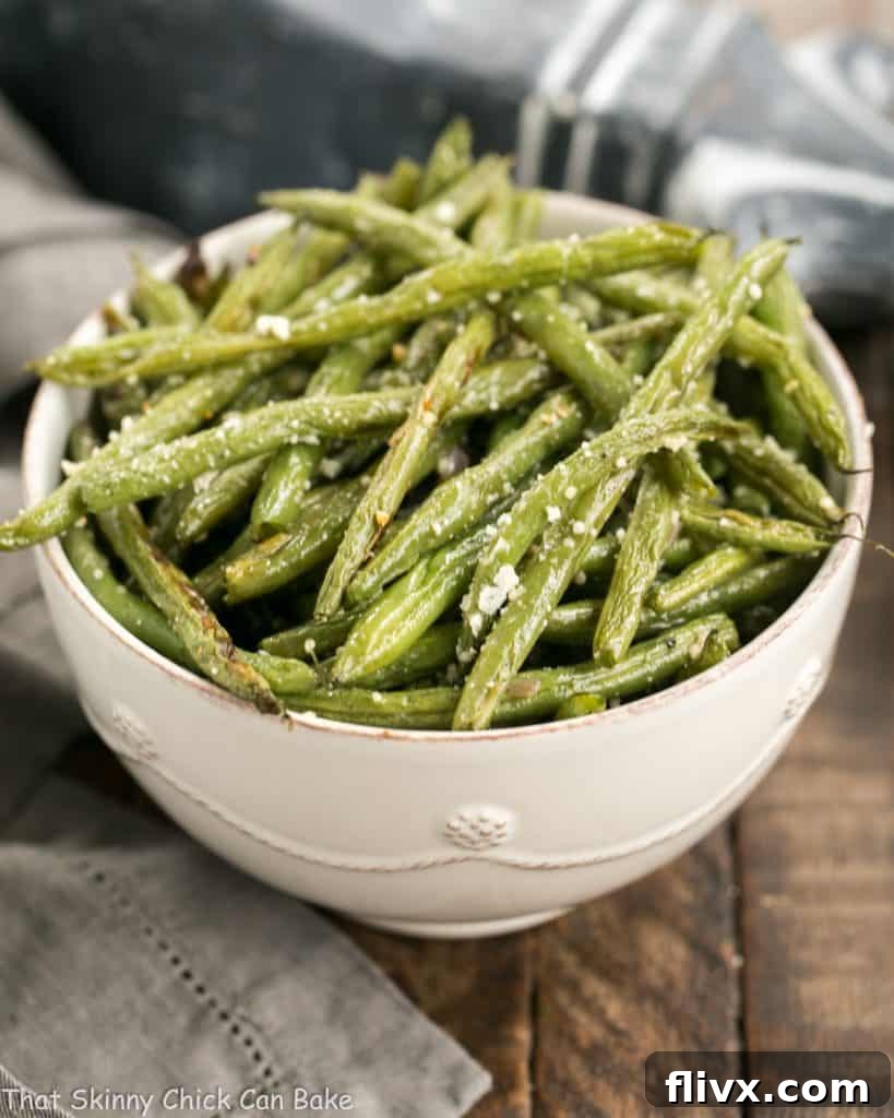Garlic Parmesan Roasted Green Beans in a serving bowl, perfectly golden and seasoned.