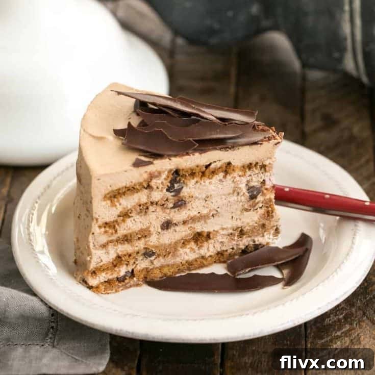 A stunning image of the No-Bake Mocha Chocolate Chip Cookie Icebox Cake, featuring visible layers of rich mocha cream and crisp chocolate chip cookies, garnished with chocolate shavings.