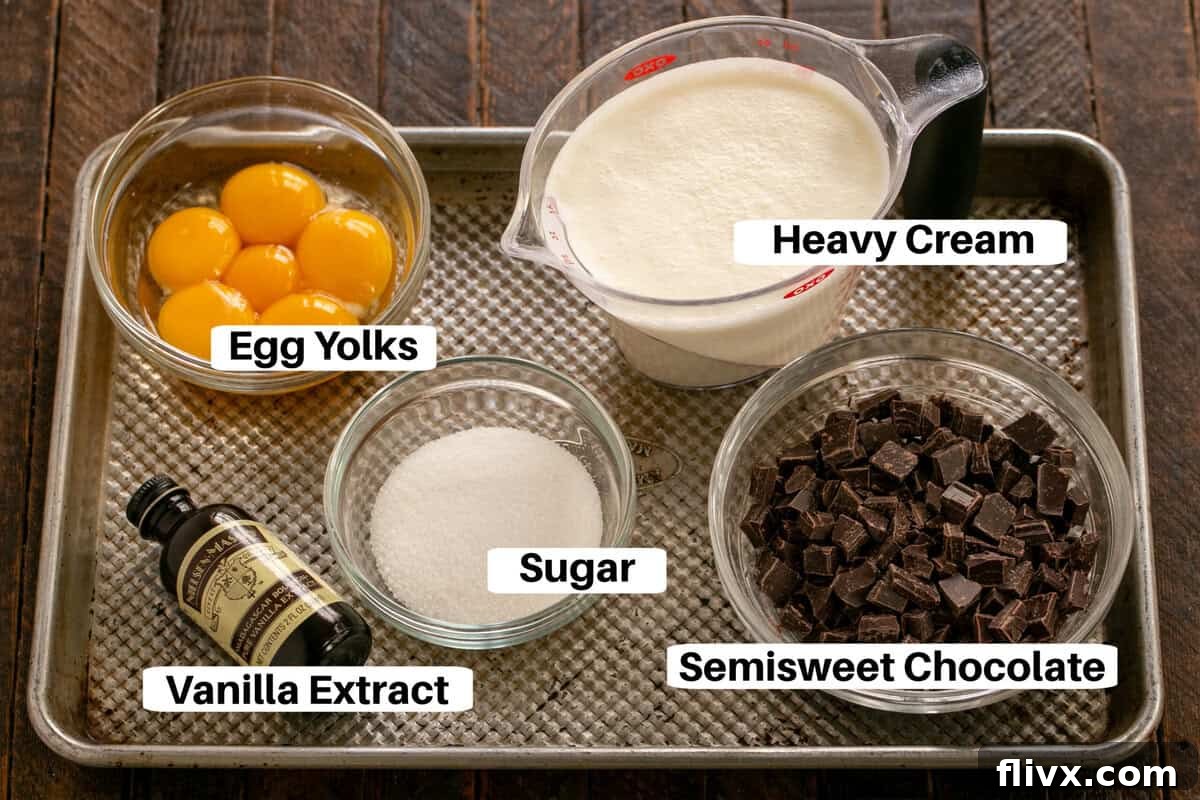Pots de Creme Ingredients on a metal sheet pan with labels.