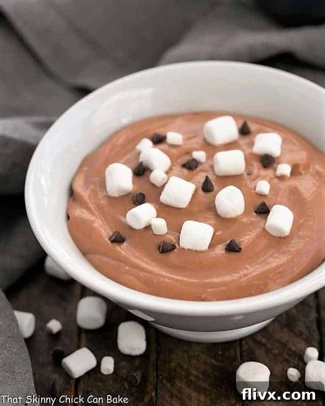A serving bowl filled with creamy Easy S'mores Dessert Dip, artfully topped with fluffy mini marshmallows and rich chocolate chips, showcasing its irresistible appeal and ready for serving.