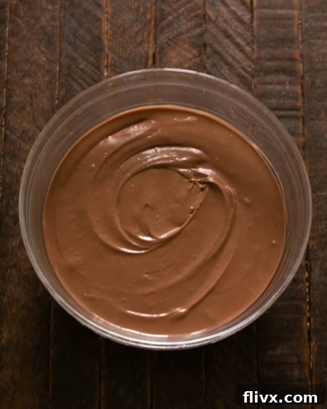 Rich fudge sauce being mixed into the creamy blend of cream cheese and marshmallow creme in a bowl, creating the decadent chocolatey heart of the s'mores dip.