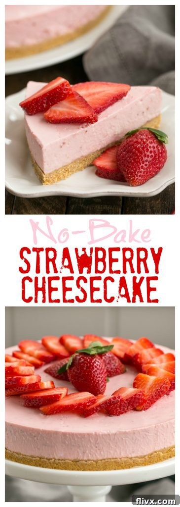 Beautifully presented No-Bake Strawberry Cheesecake with fresh, luscious berries, perfect for a summer gathering. No oven needed!