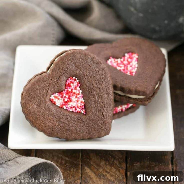 Chocolate Heart Sandwich Cookies | Cocoa cut out cookies filled with white chocolate ganache
