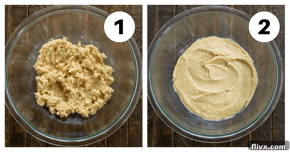 Process shot 1: Creaming butter and sugars together until light and fluffy. Process shot 2: Incorporating the egg into the butter-sugar mixture, mixing until well combined.