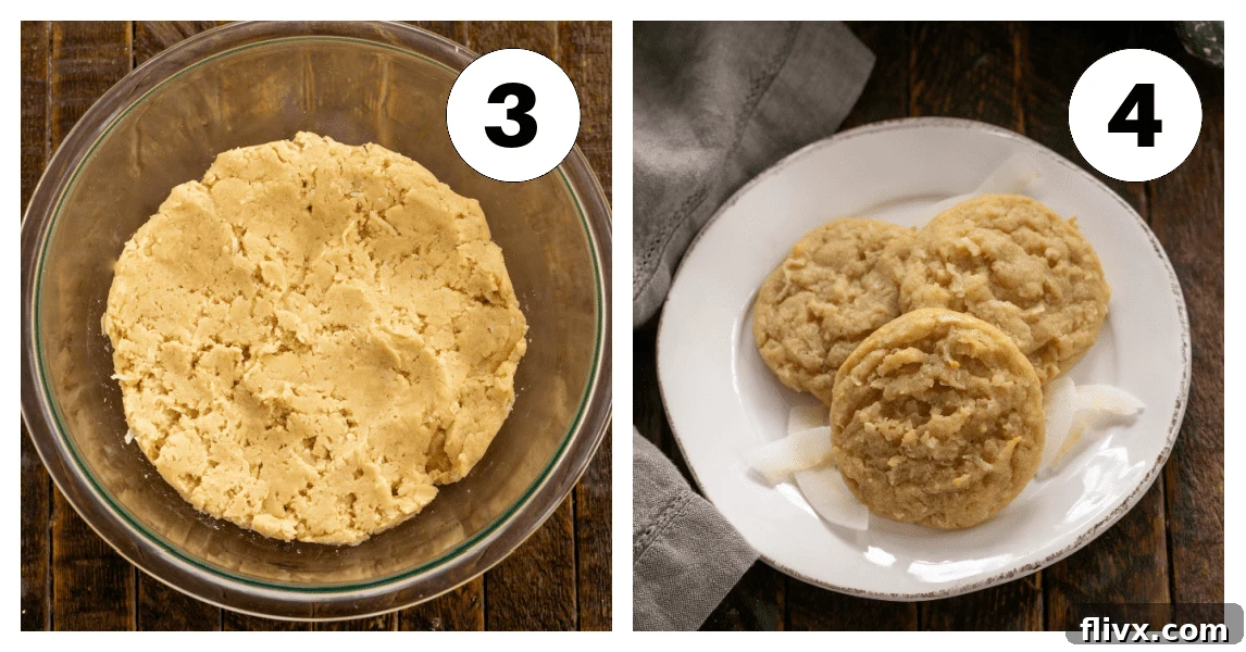 Process shot 3: Adding vanilla and dry ingredients (flour, baking soda, salt) to the wet mixture, then folding in the shredded coconut. Process shot 4: Scooping dough onto a prepared baking sheet, ready for the oven.