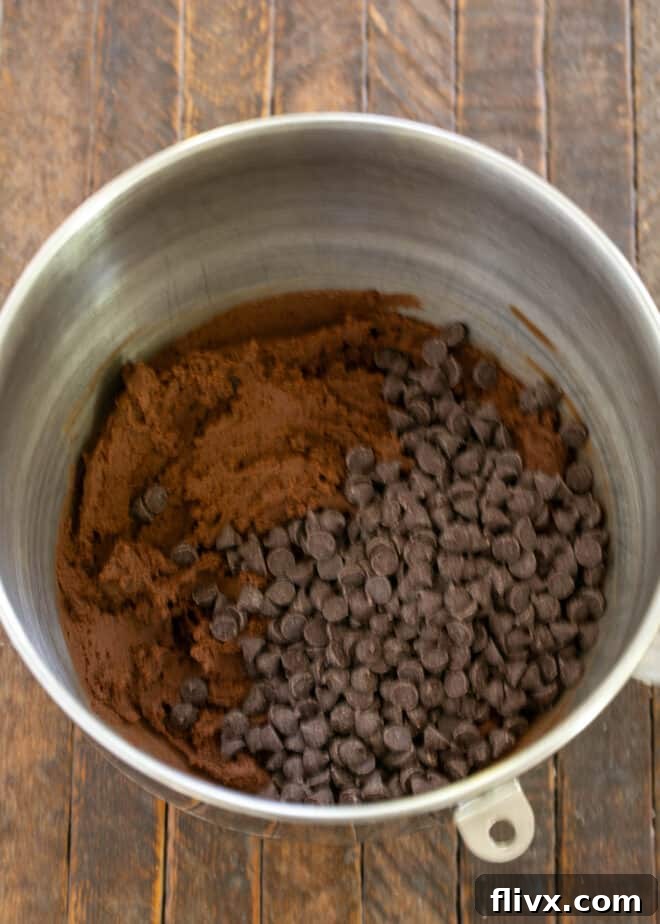 Adding dry ingredients and chocolate chips.