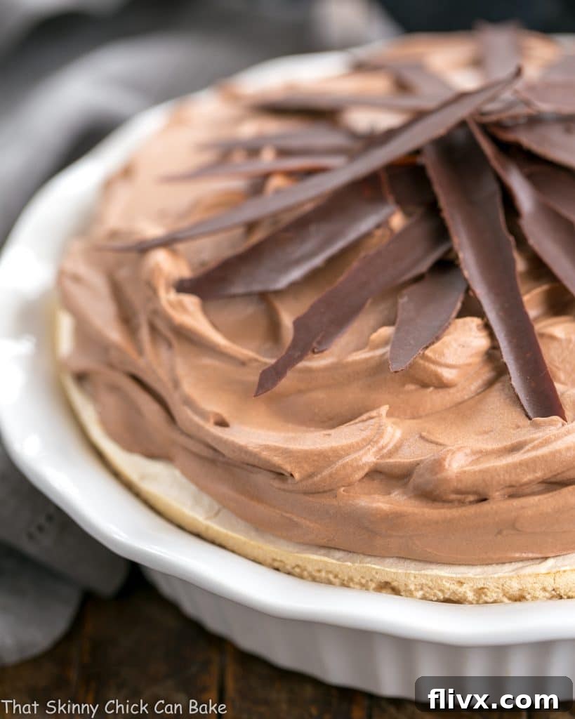 Chocolate Velvet Pie in pie plate, showcasing its beautiful meringue crust and rich chocolate filling.