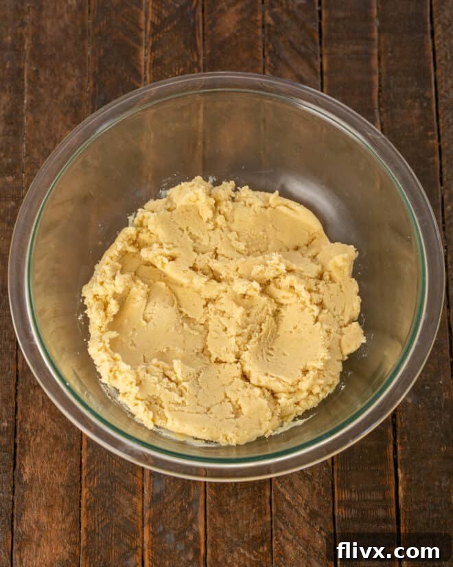 Step 2: Dry ingredients including flour, baking soda, and salt are added to the wet mixture and gently mixed until just combined, ensuring a tender cookie texture.