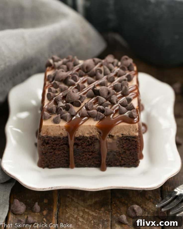 A beautifully presented Chocolate Kahlua Poke Cake, moist and rich, ready to be served.