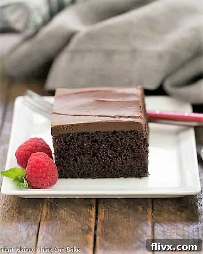A slice of Black Magic Snack Cake on a white square plate with a raspberry garnish.