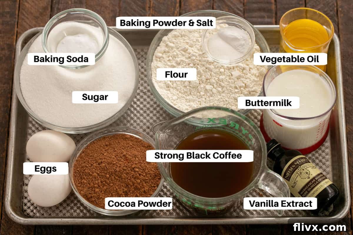 Black Magic Cake Ingredients on a sheet pan with labels.
