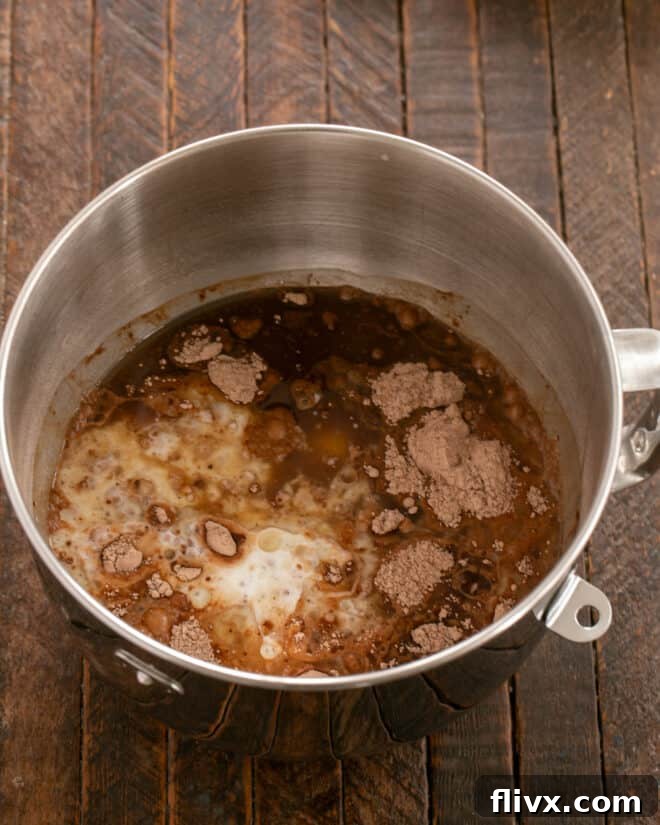 Liquid ingredients added to dry.