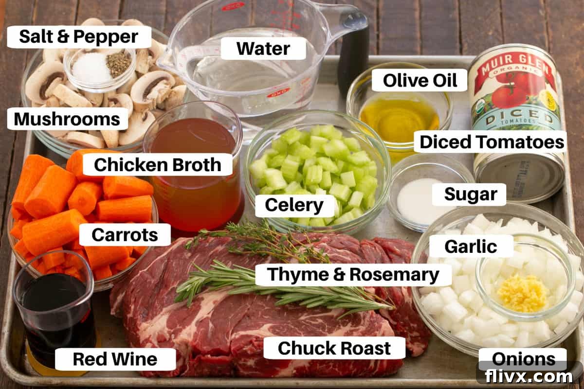 A curated display of fresh ingredients for pot roast, including chuck roast, various vegetables, herbs, and liquids, arranged on a metal sheet pan with labels.