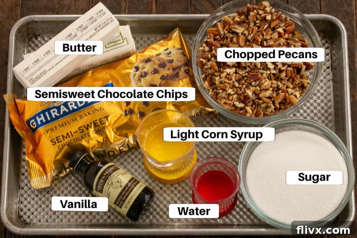 Overhead view of all the essential English toffee ingredients laid out on a clean surface with labels.