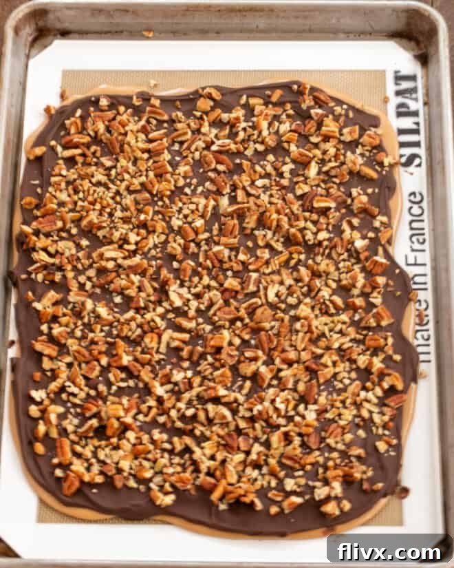 Chopped pecans being sprinkled over the melted chocolate layer on the toffee.