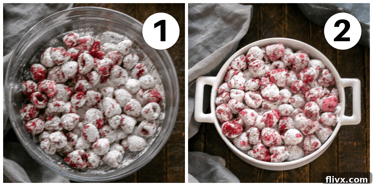Numbered process shots of raspberry crisp, numbers 1 and 2.