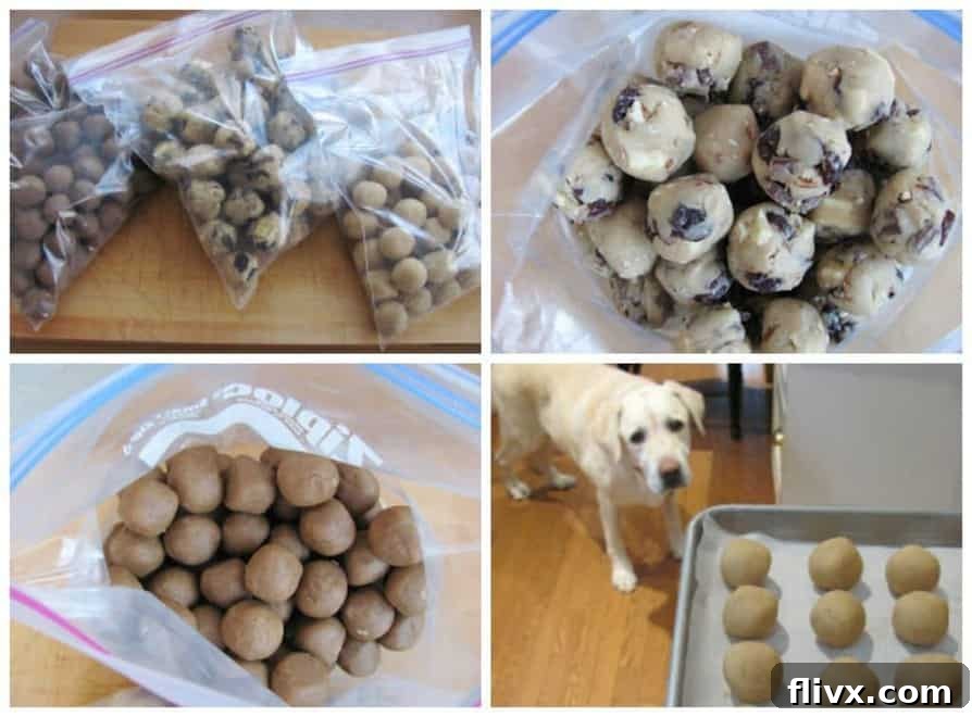 A collage of close-up photos featuring various stages of cookie dough balls, from preparation to freezing, highlighting the versatility of the method.