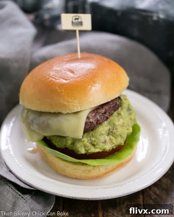 Grilled Guacamole Burger on a white plate