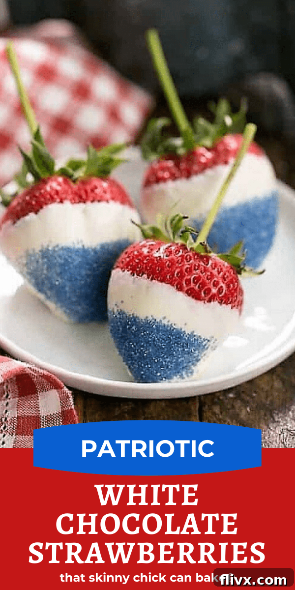 A vibrant photo and text collage showcasing red, white, and blue white chocolate-dipped strawberries, an easy and festive holiday treat.