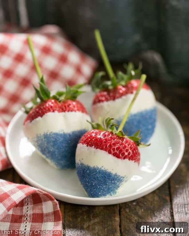 Close-up of a decorated Red White and Blue Strawberry ready for a recipe card image.