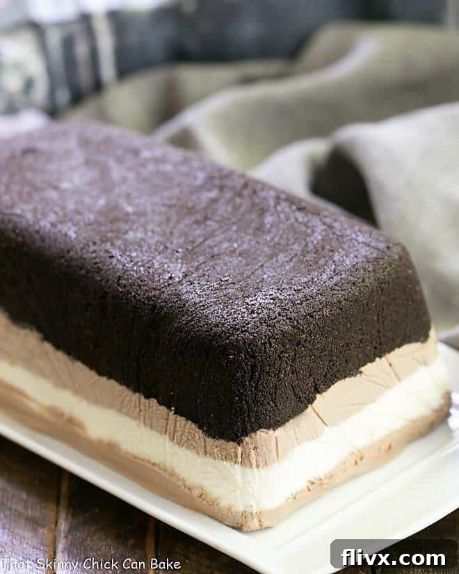 A luscious Homemade No-Churn Ice Cream Cake with Oreo Crust displayed on a pristine white serving tray, showcasing the beautiful marbling of vanilla and chocolate ice cream layers.
