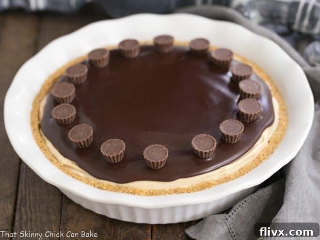 Frozen Chocolate Peanut Butter Pie in a white ceramic pie plate topped with mini Reese's cups, ready to be served.
