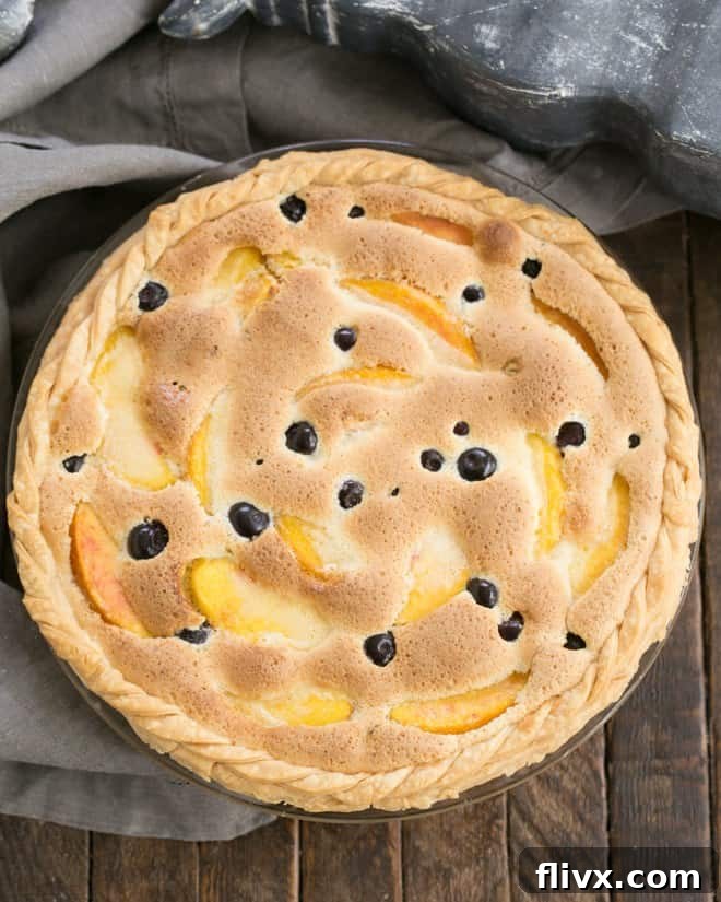 A vibrant Blueberry Peach Custard Pie, showcasing a golden crust and a delightful filling bursting with fresh fruit. This image captures the essence of a perfect one-crust summer pie, speckled beautifully with blueberries.