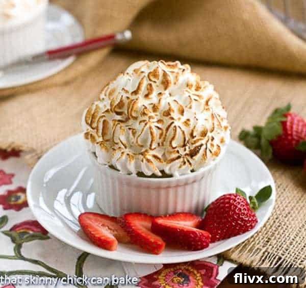 Individual Baked Alaskas - an elegant, retro dessert made of ice cream, pound cake and toasted meringue Beautiful Individual Baked Alaska in a small ramekin, perfectly toasted meringue on top, presented on a white saucer.